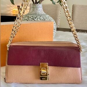 Authentic CHLOE Drew Two Tone Leather Zip Long Wallet W/ Unbranded Chain EUC
